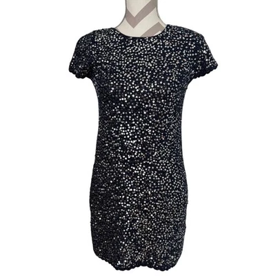 Manoush Mujer Vestido Lentejuelas Fiesta Cóctel Talla Pequeña Negro Plata Mangas Cortas Foto 1 de 4
