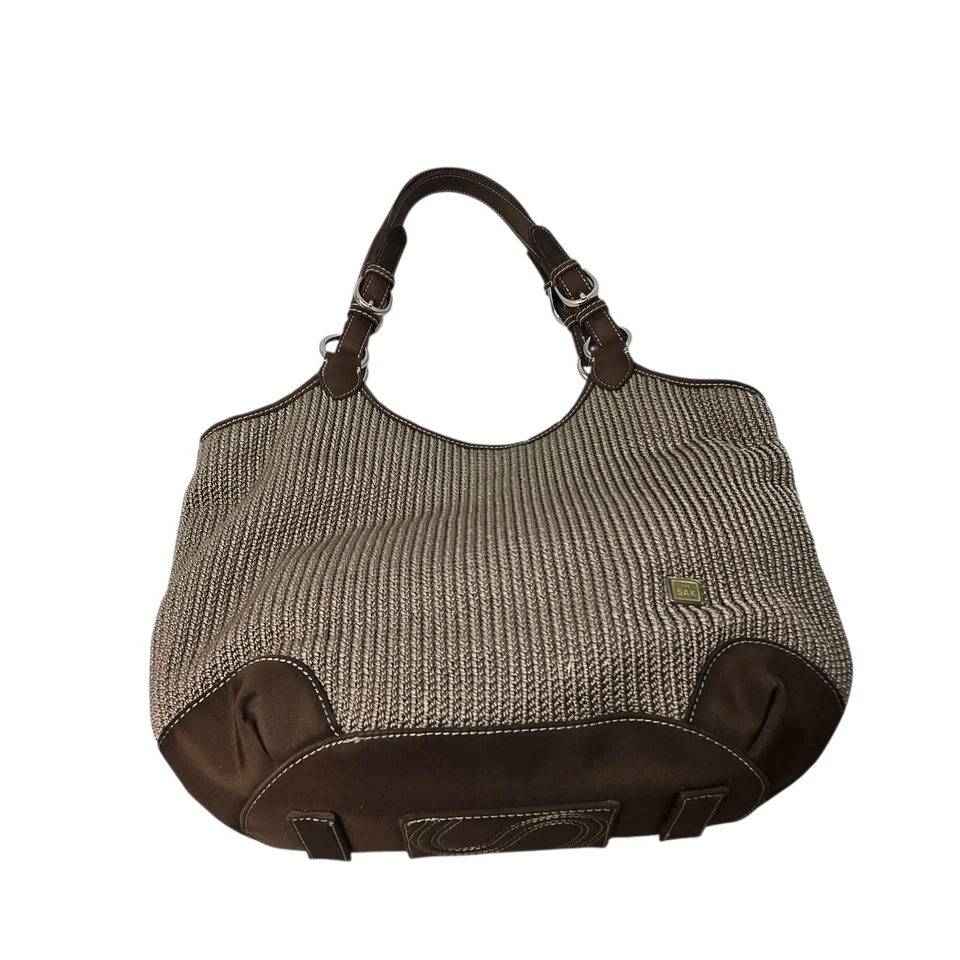 THE SAK Bolso de Hombro Tejido Crochet Marrón Tostado Beige Imitación Doble Asa Foto 1 de 4