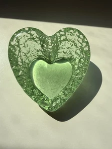 Vintage Rare Fire & Light Recycled Glass Heart Celery Green Paperweight Signed - Picture 1 of 5