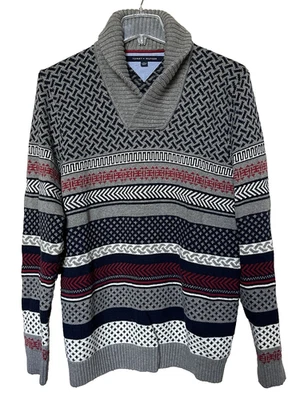 Tommy Hilfiger Men's Sweater XXL Grey Navy Red White Cotton Blend Shawl Neck Y2K - Image 1 of 4