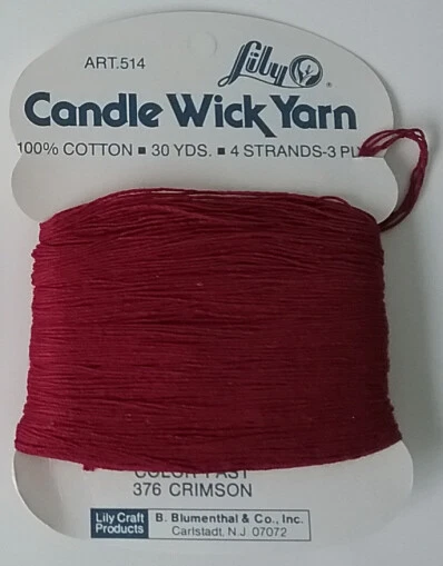 Candle Wick Yarn Lily NEW 100% Cotton 30 Yards 4 Strand 3 Ply Crimson Red # 376 - Image 1 of 1