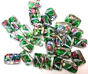 27 Handmade Lamp Work Beads - Cubic Tubes - Emerald, Ribbon n Roses - Unique Lot