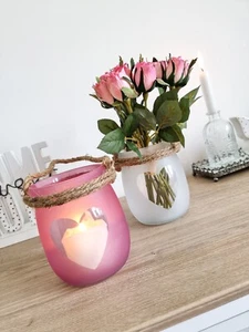 Beautiful Shabby Chic Style Pink OR White Frosted Glass Heart Candle Jars - Picture 1 of 7