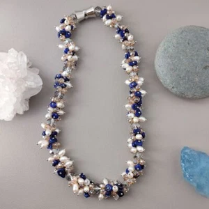 Collar con cuentas de cristal lapislázuli de perlas de arroz blanco de agua dulce para mujer - Imagen 1 de 8