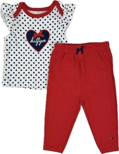 Tommy Hilfiger Baby 2 Pc White Red Cap Sleeves Polka Dot T Shirt Pants Set 3-6 M - Picture 1 of 3
