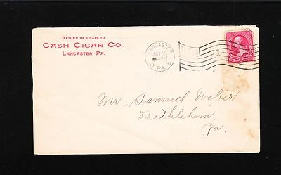 Cash Cigar Co Lancaster Pennsylvania 1897 Flag #1 Cancel Cover 2q - Image 1 of 2