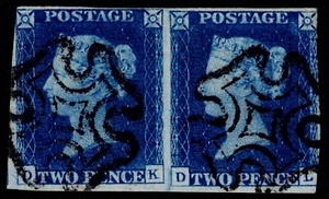 1840 2d Blue Pair SG 5 Plate 2 DK-DL 2x Crisp Black MX Fine Used Cat. £2,500.00 - Picture 1 of 1