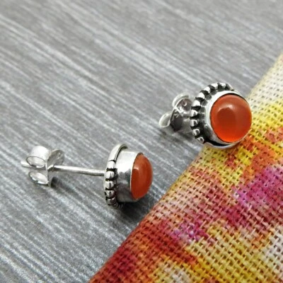 Natural Carnelian Stone Stud Earrings 925 Sterling Silver Christmas Gift For Her - Image 1 of 4