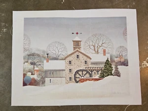 Tela punto ago e litografia 15X19 casa mulino in inverno rifinita? O no? - Foto 1 di 11