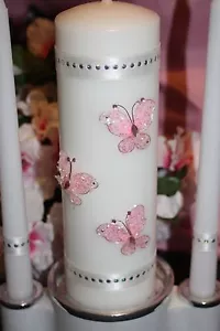 Rosa Draht Schmetterling Hochzeit weiße Einheit Kerzen-Set - Bild 1 von 1
