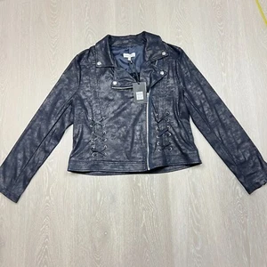 Table Eight Womens Black-Blue Lattice Biker Jacket Size 12 (new) - Picture 1 of 13