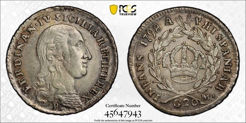 1798 P AP-M Naples & Sicily Italy 20 Grana PCGS AU58 Gorgeous Example       2371 Cover