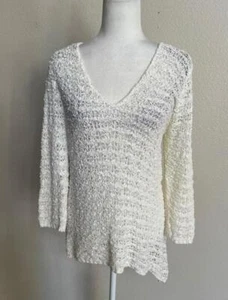 CURIO womens Sm white open knit pullover asymmetrical hem sweater vneck - Picture 1 of 3