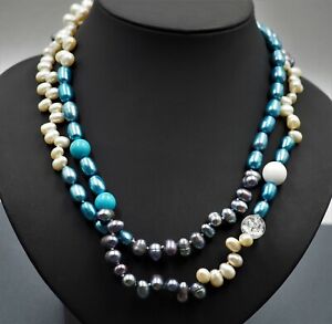 Womens Necklace Freshwater Pearls Dyed Pearls & Glass Knotted Vintage Jewellery 
