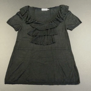 Calvin Klein Womens Black Knit Short Sleeve Scoop Neck Ruffle Neck Top Medium - Picture 1 of 9