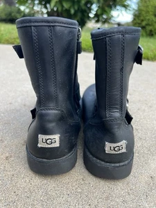 UGG Harwell Girls Leather Buckle Biker Black Boots Shoes US 4 UK 3 1100183K - Picture 1 of 14