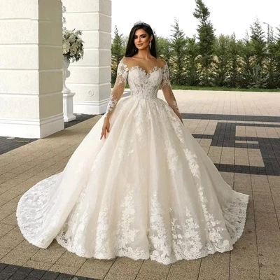 Illusion Neck Wedding Dress Long Sleeve Robe Lace Beading Bride Dress Ball Gown - Image 1 of 4