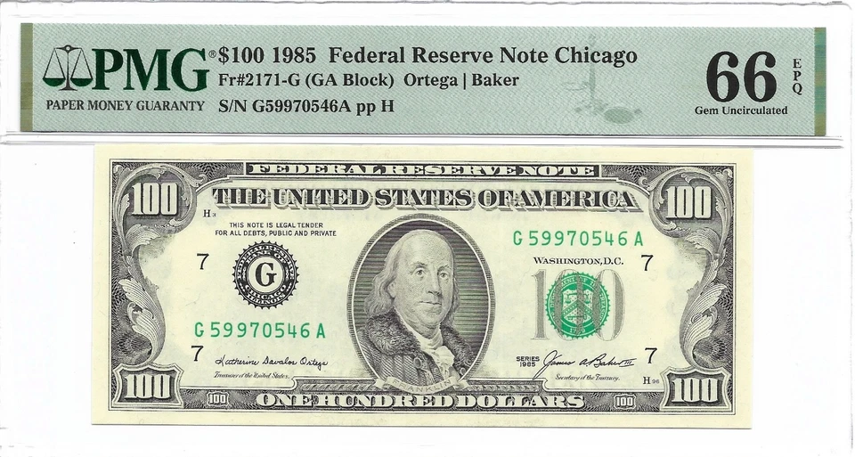 1985 $100 CHICAGO FRN. PMG GEM Uncirculated 66 EPQ Banknote. 2nd of 2 - Image 1 of 2