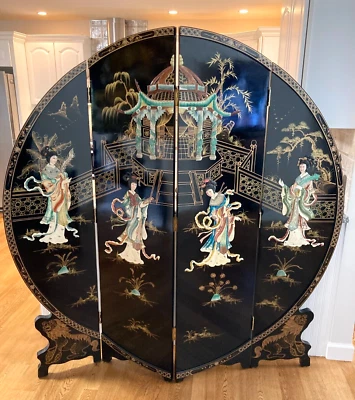 Vtg Asian Privacy Screen Unique Round Shape Garden & Bamboo Scenes Brass Hinges - Image 1 of 4