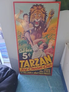 Vintage Tarzan Ice Cream Cups Metal Tin Advertising Sign AAA Sign Co. Ohio RARE - Picture 1 of 4