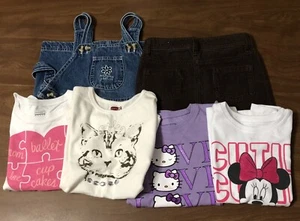 Girl's 6-Piece Lot Size 5 & Size 5/6 (Denim Overall Dress, skirt & Graphic Tees) - Picture 1 of 12