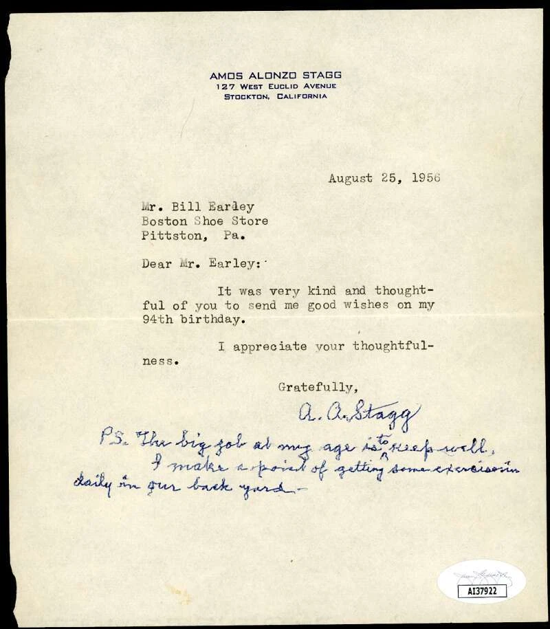 Amos Alonzo Stagg JSA Coa Signed 1956 Letter Autograph - Image 1 of 1