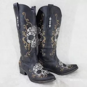 Eternal Rider Western Cowgirl bestickt Totenkopf Muster Country Knie Stiefel - Bild 1 von 16