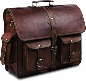 Men's Vintage Laptop Saddle Satchel Leather Briefcase Messenger Shoulder Bag 19" - Picture 1 of 7