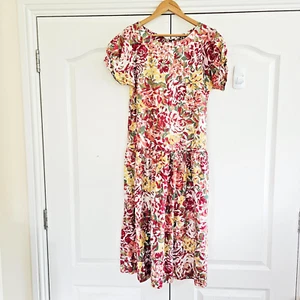 Vintage Laura Ashley Dress Size 10 Prairie Pink Multi Floral Drop waist Cotton - Picture 1 of 11