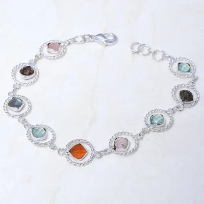 Facettiert Aquamarin, Multi Edelstein Silber Schmuck Armband 17.8-20.3cm - Bild 1 von 2