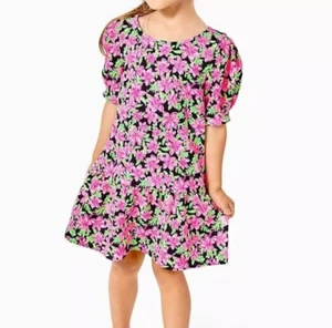 Lilly Pulitzer Girls Chrishell Dress in Onyx Floral Size LARGE 8-10  Puff Sleeve - Picture 1 of 12