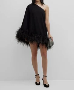 $836 New Arrivals Women's Black Feather One-Shoulder Marlene Mini Dress Size 36 - Picture 1 of 5