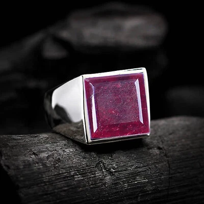 Solid 925 Sterling Silver Natural Ruby Corundum Square Gemstone Men's Gift Ring - Image 1 of 4