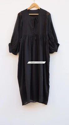 Black Solid Cotton Midi Dress, Elegant Summer Dress for Women, Boho Gathered - Image 1 of 4