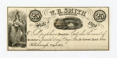 1853 25c W.R. Smith - Hillsborough, OHIO Merchant Scrip - Image 1 of 2