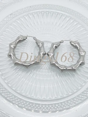 Женские круглые серьги-кольца из белого золота 18 карат без потускнения 38 мм с бамбуковым соединением - Изображение 1 из 2