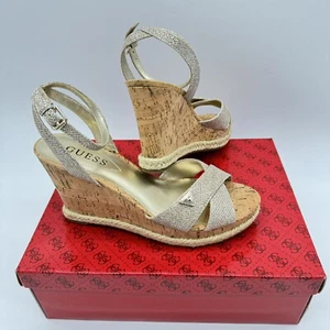 Guess Gold Strappy Cork Wedge Sandals Women’s Size 8M Espadrilles New In Box - Picture 1 of 10