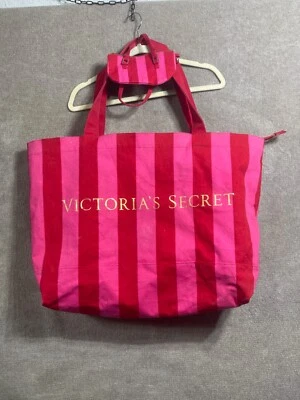 Victorias Secret Oversized Weekender Bag Pink Strip Logo Canvas Tote Mini Pouch - Image 1 of 4