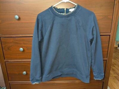 J Crew Pullover SWEATSHIRT Sz LG Ditsy Floral Ruffle Neck  Back Zip NAVY - Image 1 of 4
