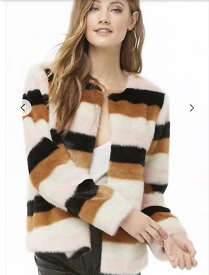 Colorblock Faux Fur Multi Color Striped Coat Jacket Outerwear Soft Forever 21 M - Image 1 of 4