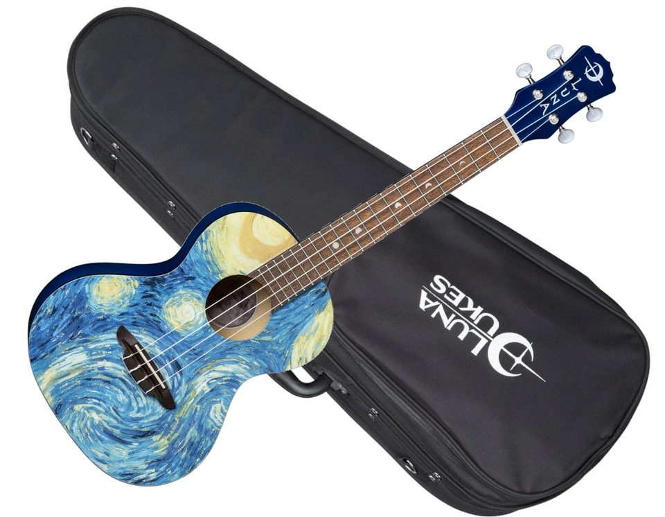 LUNA Starry Night Graphic Tenor Ukulele Acoustic Maple Top Mahogany Gig Bag
