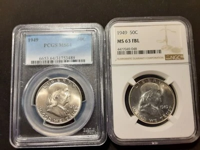 1949 Franklin Silver Half Dollar, Set of 2 - Graded PCGS MS-64 and NGC MS-63 FBL - Image 1 of 4