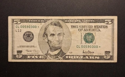 2001 $5 Federal Reserve Note- Star/Low Serial Number - CL 00590300 * -c6906ccx - Image 1 of 2