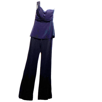 White House Black Market Cold Shoulder Peplum Wide Leg Jumpsuit SZ 2 Black Goth - Image 1 of 4