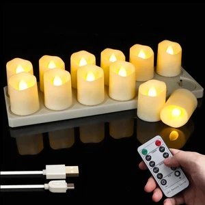 12pcs LED Rechargeable Tea Lights with Remote Timer and USB Charging Base, Fl... - Bild 1 von 6