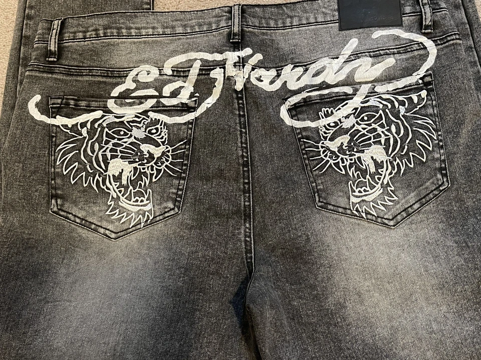 Pantalones de mezclilla de diseñador ED HARDY grises bordados tigre para hombre 40 pierna recta Foto 1 de 4