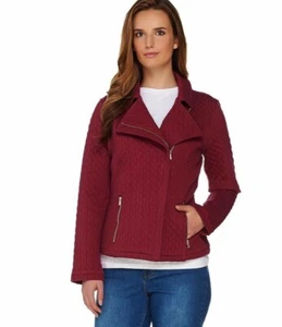 Isaac Mizrahi Mix Quilted Knit Motorcycle Jacket Black Raspberry 2X NEW A279270 - Picture 1 of 7