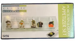RSVP 9 Pc Appetizer Set 16” Glass Tray & 8 Porcelain Tasting Spoons NEW IN BOX - Picture 1 of 6