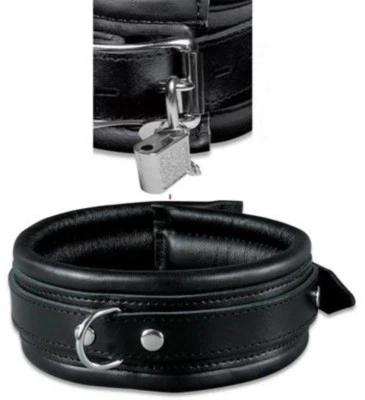 TULA-TOYS BDSM Collare Bondage Chiudibile in Vera Pelle Imbottito Nero + Lucchetto