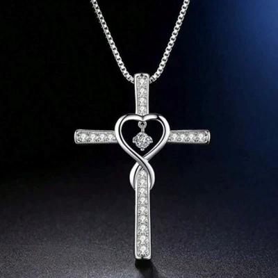 Womens Necklace Cross Pendant Silver Plated Stainless Steel Chain Jewelry Gift - Image 1 of 4